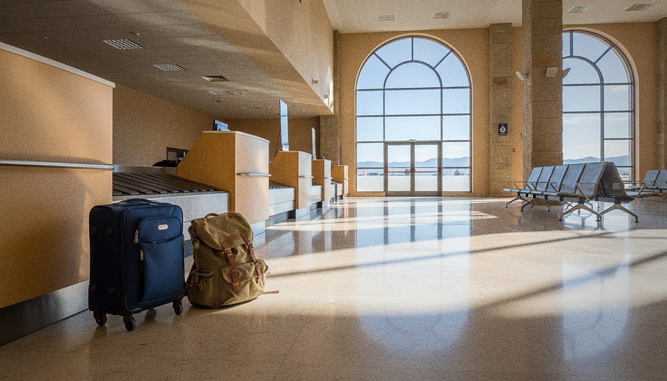 Trolley e zaino da viaggio pronti per un volo low cost, senza persone