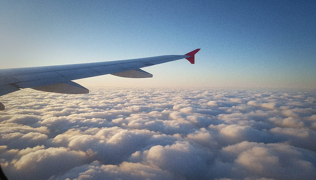 Ala di un aereo vista dal finestrino sopra le nuvole durante un volo in Europa